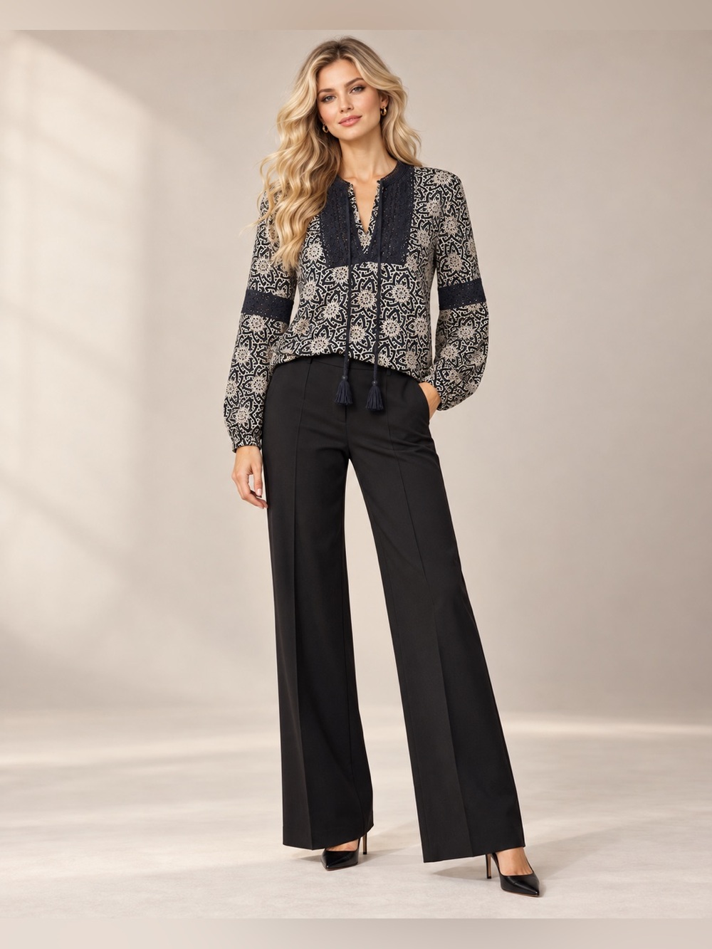 Tory Burch Floral Print Cotton Lace Trim Tassel Tunic Blouse Black Ivory Size 6